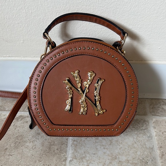 Handbags - Brown Round Top-Handle Crossbody Bag with Gold Embellishment